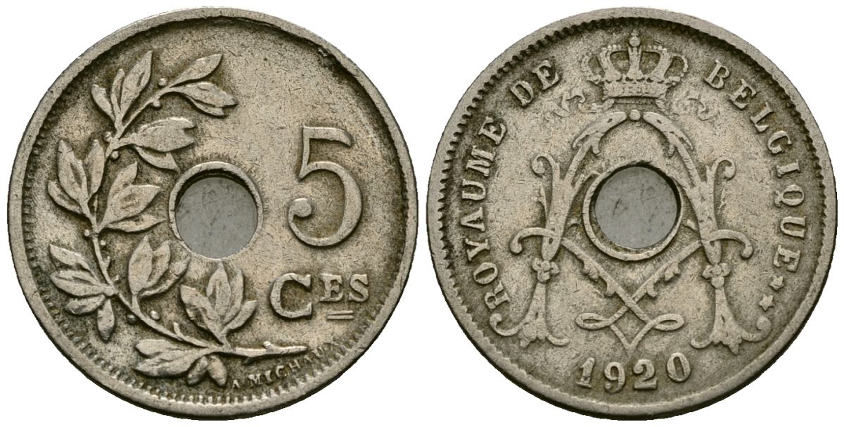 Бельгия 5 сантимов 1920 Belgique KM 66 медно-никель 4173-456