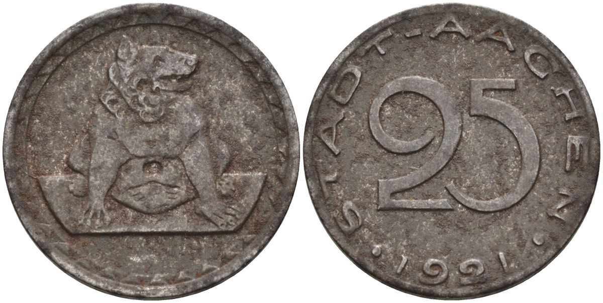 Германия, Аахен 25 пфеннигов 1921 нотгельд, собака железо 4592-854