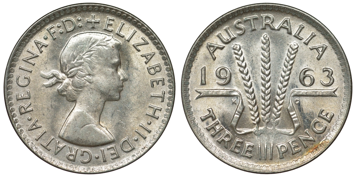 Австралия 3 пенса 1963 m, Елизавета II (1952-2022) KM 57 серебро 71-943