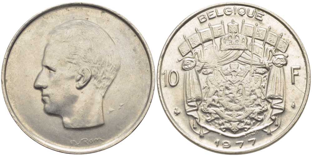 Бельгия 10 франков 1977 Belgique, Бодуэн I (1951-1993) KM 155.1 никель 115-7250
