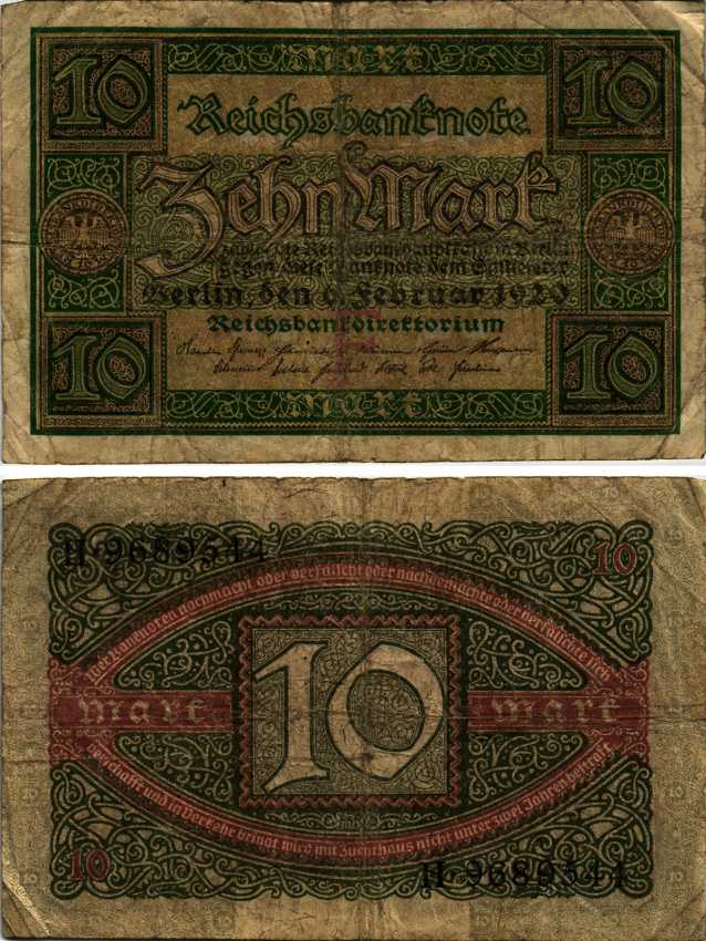 ГЕРМАНИЯ 10 МАРОК 1920 6 ФЕВРАЛЯ 1920, БУКВА F Pick 67a бумага 7183-59-3-1