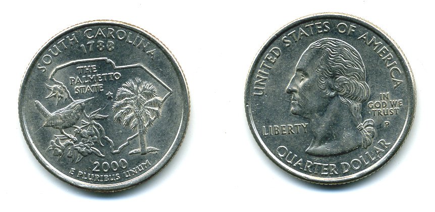 США 25 центов = квотер 2000 P, серия штаты США, Южная Каролина KM 307 медь плакированная медно-никелем 46-1435