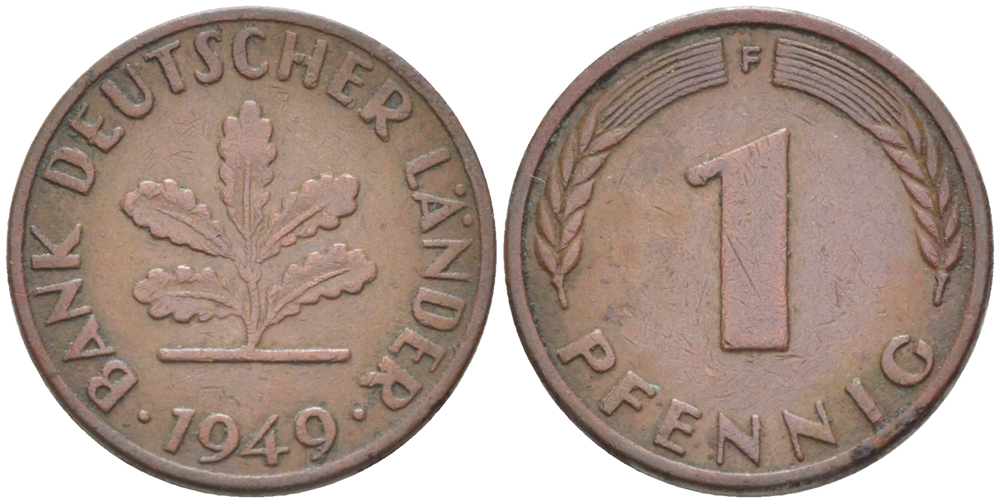 ФРГ 1 ПФЕННИГ 1949 F KM A101, J. 376 сталь плакированная медью 4181-533