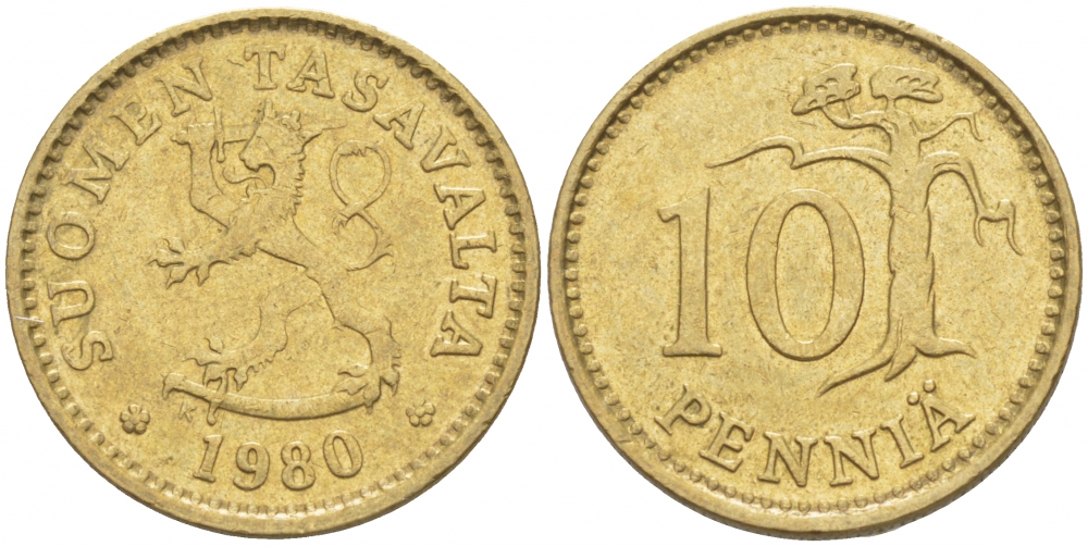 ФИНЛЯНДИЯ 10 ПЕННИ 1980 K KM 46 алюминиевая бронза UNC 3718-138