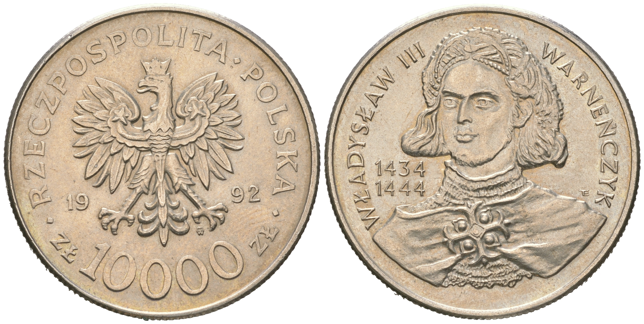 Польша 10000 злотых 1992 MW, серия польские короли, Владислав III Тонконогий (1434-1444) KM 246 медно-никель BUNC 4512-1023