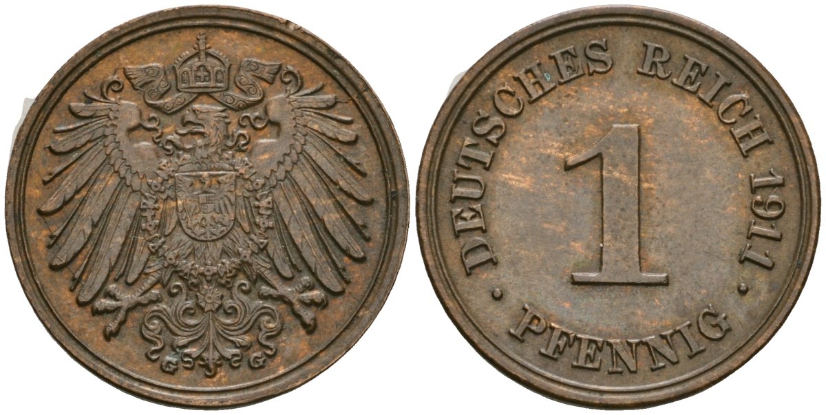 Германия 1 пфенниг 1911 G, Вильгельм II (1888-1918) KM 10, J. 10 медь 4608-621