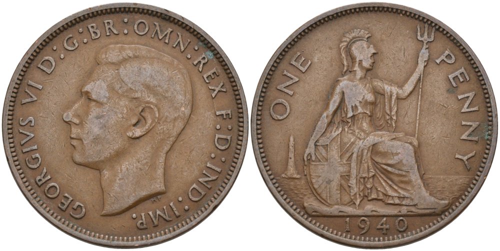 Великобритания 1 пенни 1940 Георг VI (1936-1952) KM 845, Spink 4114 бронза 4574-132