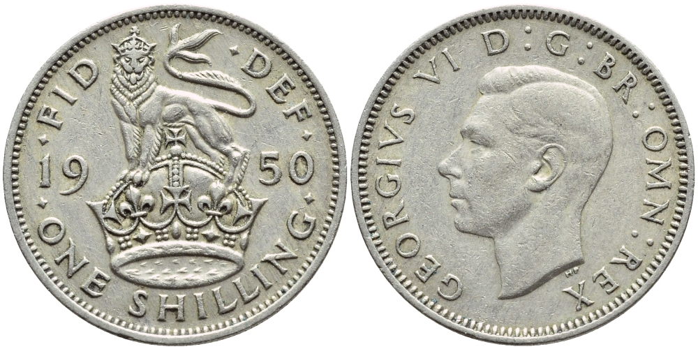 Великобритания 1 шиллинг 1950 Георг VI (1936-1952), Английский герб KM 876, Spink 4108 медно-никель 4395-1217