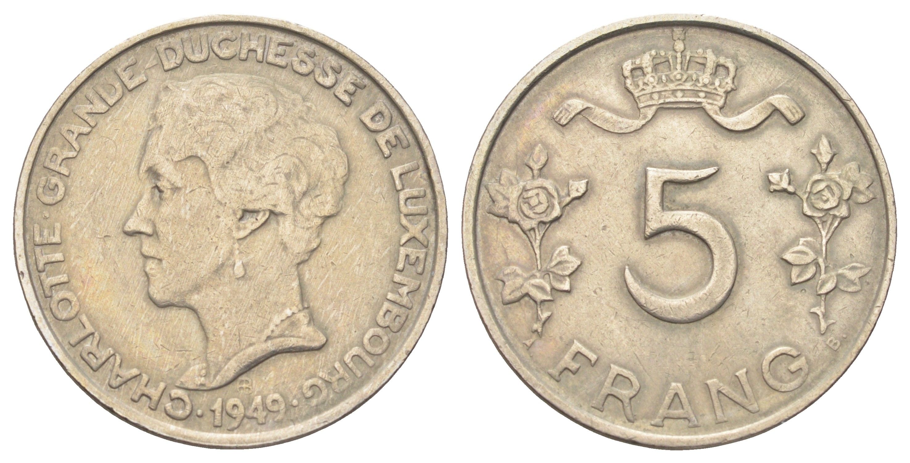 Люксембург 5 франков 1949 год-тип, Шарлотта (1918-1964) KM 50 медно-никель 4646-1257