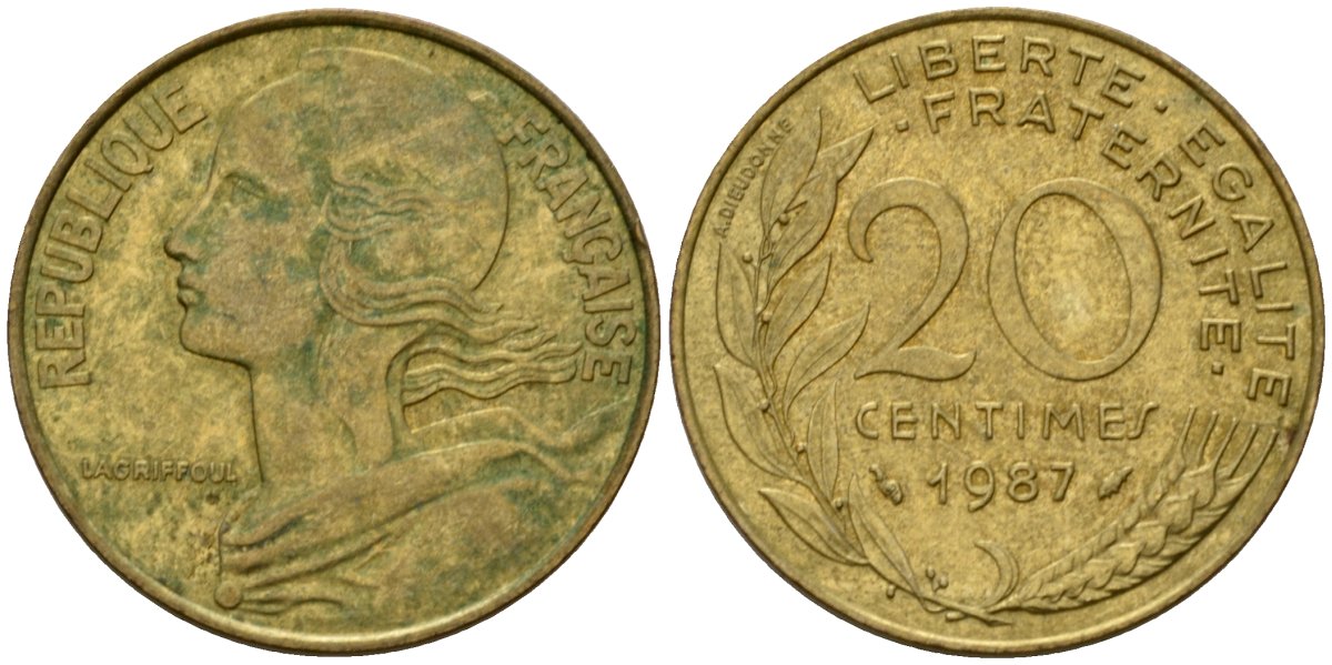 Франция 20 сантимов 1987 тип Marianne KM 930 алюминиевая бронза 4393-946