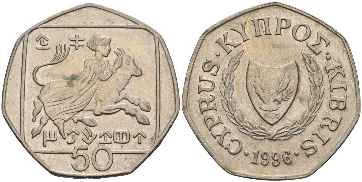 Кипр 50 центов 1996 похищение Европы KM 66 медно-никель 4141-1243