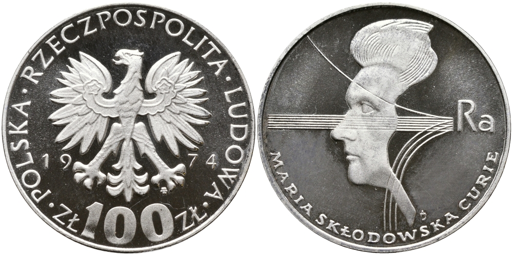 Польша 100 злотых 1974 MW, 40 лет со дня смерти Марии Склодовской-Кюри (1867-1934) KM 71, Parchimowicz 270 серебро PROOF 441-735