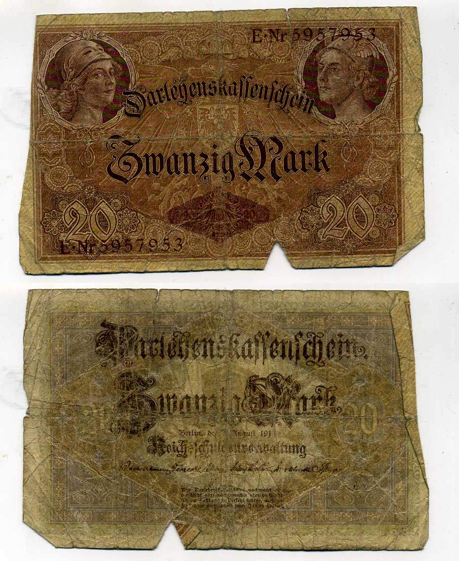 ГЕРМАНИЯ 20 МАРОК 1914 5 АВГУСТА 1914, СЕМИЗНАЧНЫЙ НОМЕР Pick 48b бумага 6283-50-2