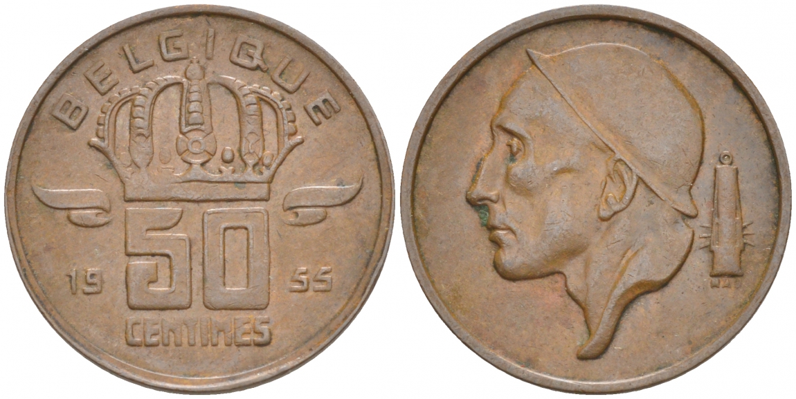 БЕЛЬГИЯ 50 САНТИМОВ 1955 BELGIQUE KM 144 бронза 214-755