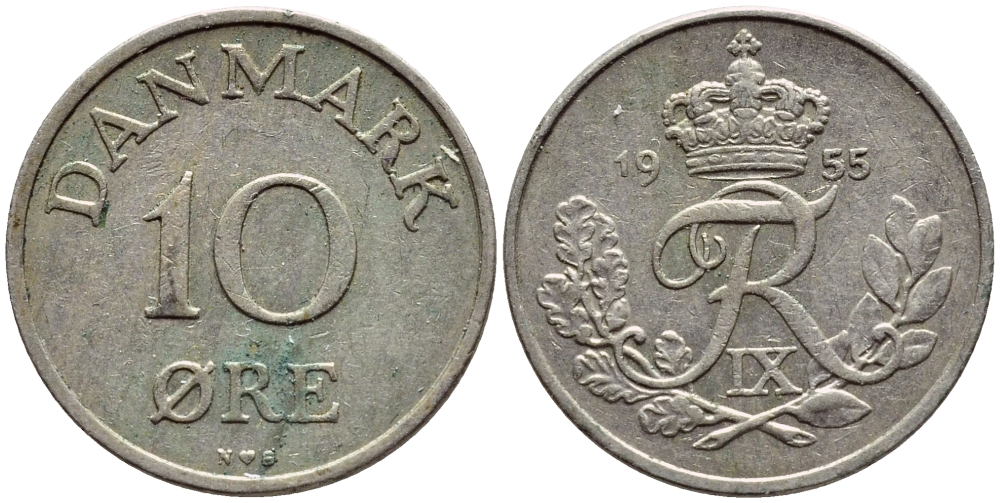 ДАНИЯ 10 ЭРЕ 1955 N; S, ФРЕДЕРИК IX (1947-1972) KM 841.1 медно-никель 4398-921