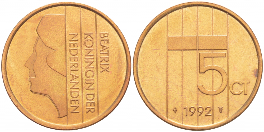 Нидерланды 5 центов 1992 Беатрикс (1980-2013) КМ 202 бронза 4547-815