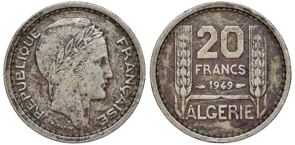 Алжир, Французский 20 франков 1949  KM 91 медно-никель 51-1841