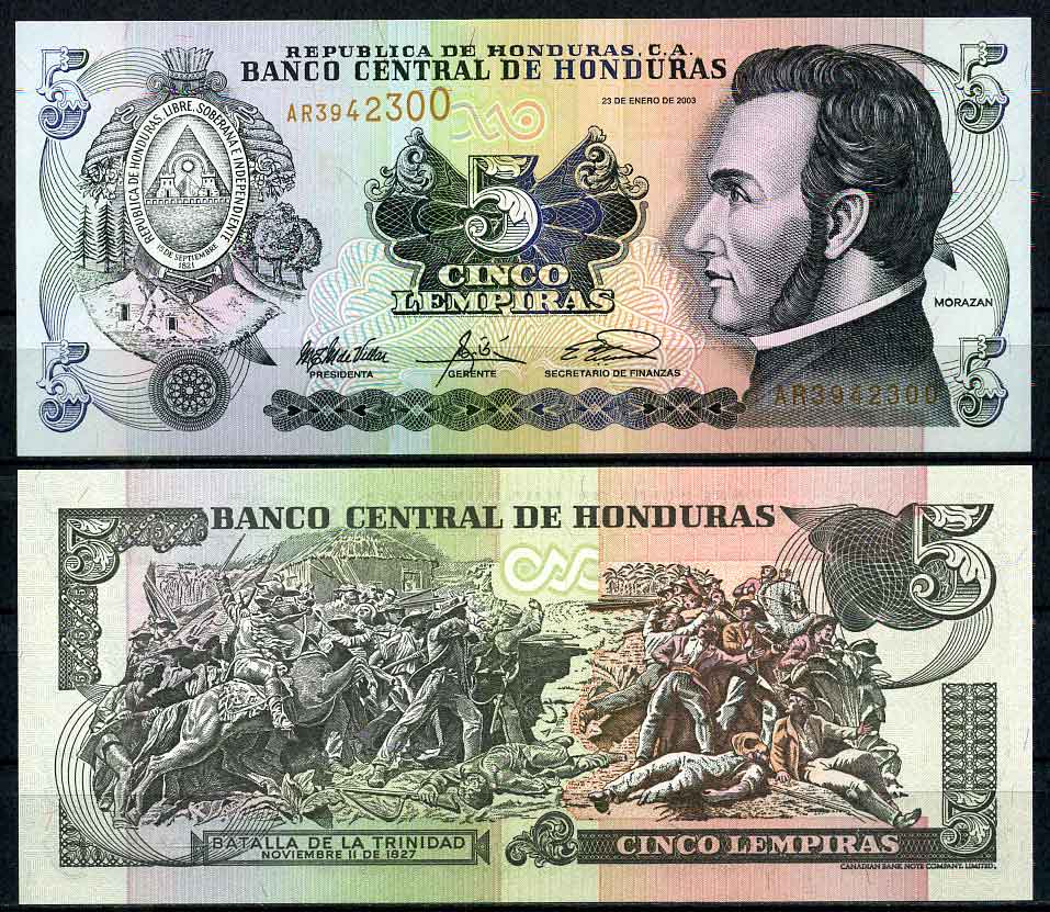 Гондурас 5 лемпира 2003 23 января 2003, Франсиско Морасан, сцена битвы за Тринидад Pick 85c бумага UNC (пресс) 447-34-1-3