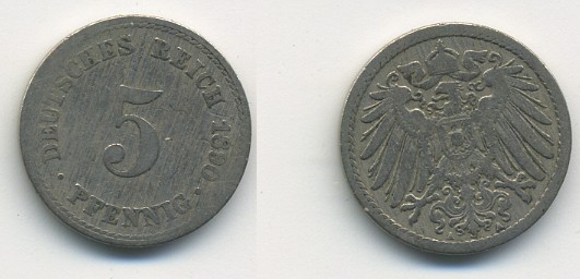 ГЕРМАНИЯ 5 ПФЕННИГОВ 1890 A, KM 11, J. 12 медно-никель 54-744