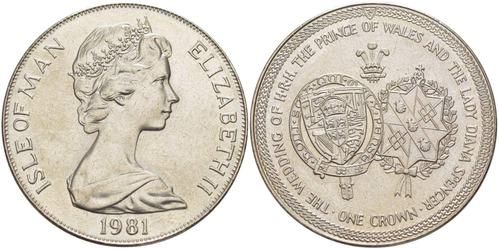 Остров Мэн 1 крона 1981 Королевская свадьба принца Чарльза и леди Дианы, гербы KM 81 медно-никель UNC 4527-323