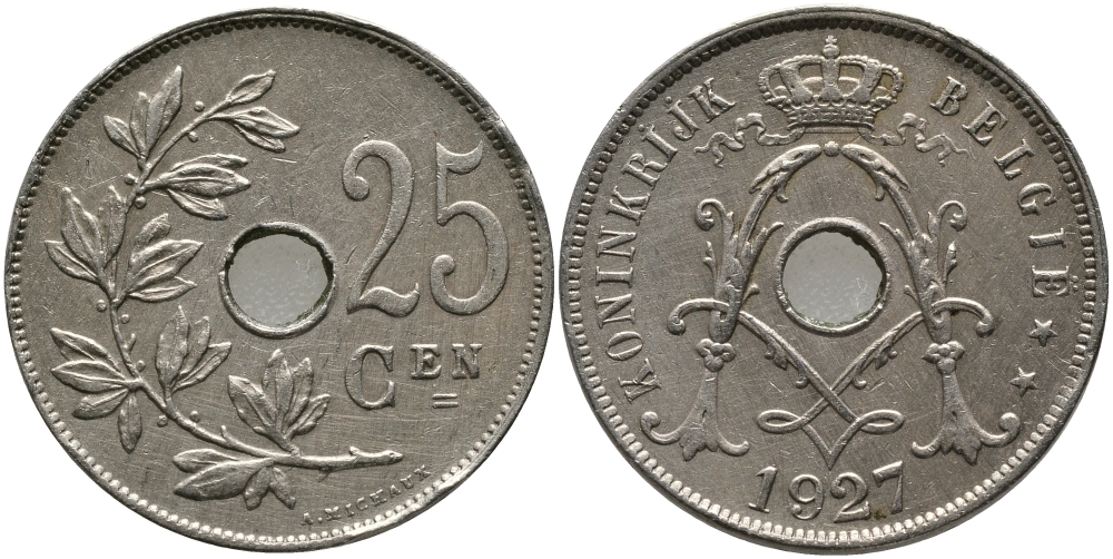 БЕЛЬГИЯ 25 САНТИМОВ 1927 BELGIE KM 69 медно-никель 91-514
