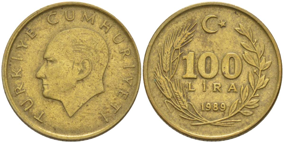 Турция 100 лир 1989 Кемаль Ататюрк KM 988 алюминиевая бронза 4525-613