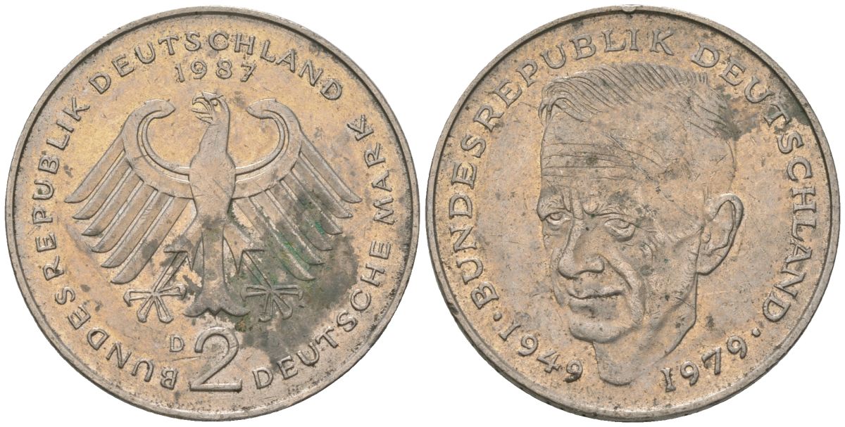 ФРГ 2 марки 1987 D, Курт Шумахер, 30 лет Федеративной Республике KM 149 медно-никель 4572-423