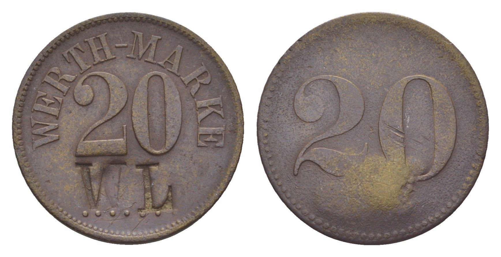 Германия игровой жетон в 20 пфеннигов ND с отметкой wl латунь 4636-1263