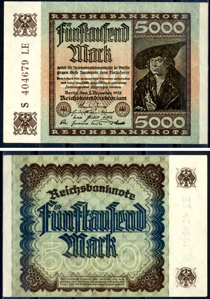 Германия 5000 марок 1922 2 декабря 1922, водяной знак I, серия LE, буква S Pick 81 c бумага 8589-38-3-2