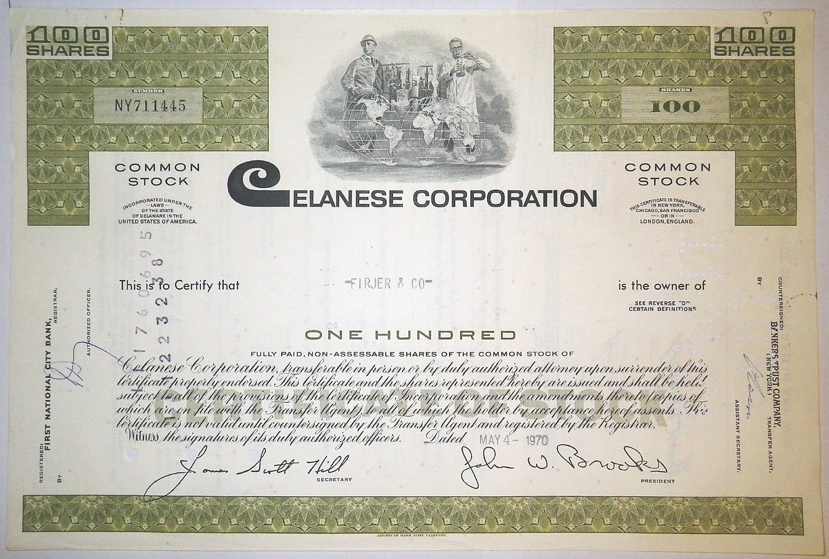 США, Celanese Corporation 100 акций 1970 производство ацетатов бумага 8805-40-1