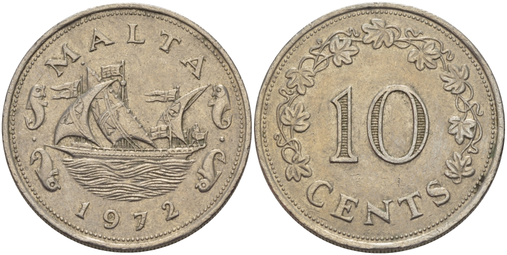 Мальта 10 центов 1972 баржа Великого магистра KM 11 медно-никель 82-444