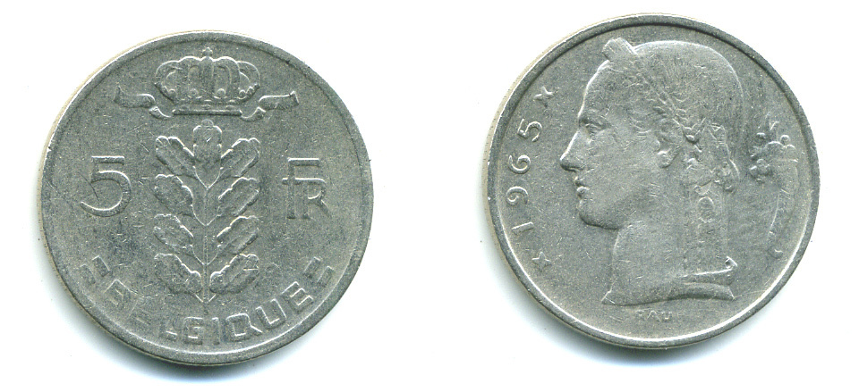БЕЛЬГИЯ 5 ФРАНКОВ 1965 BELGIQUE KM 134.1 медно-никель 25-823