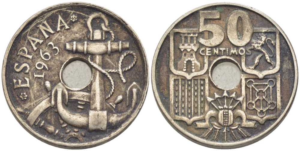 ИСПАНИЯ 50 СЕНТИМО 1963 (65) ФРАНСИСКО ФРАНКО ДИКТАТОР ИСПАНИИ (1939-1975), МОРСКАЯ АТРИБУТИКА KM 777 медно-никель 116-1053