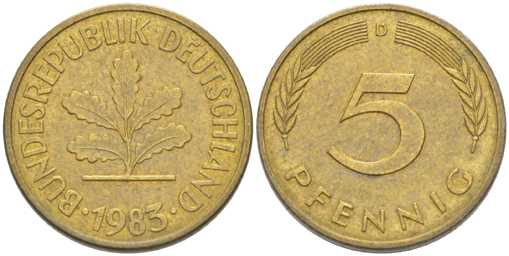 ФРГ 5 ПФЕННИГОВ 1983 D KM 107, J. 382 сталь плакированная латунью 4181-1018