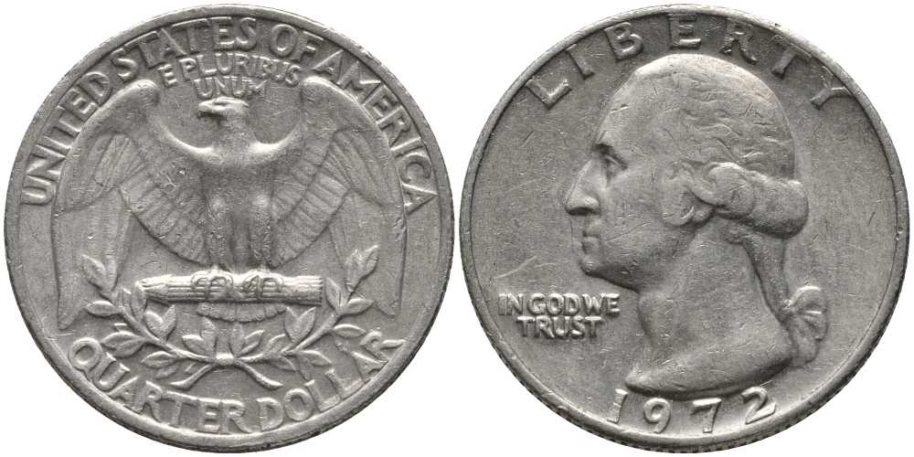 США 25 центов (квотер) 1972 Вашингтон KM 164а медь плакированная медно-никелем 113-531