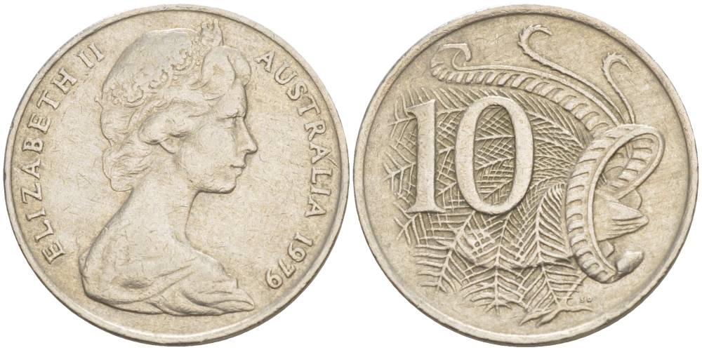 Австралия 10 центов 1979 Елизавета II (1952-), птица лирахвост KM 65 медно-никель 4544-215
