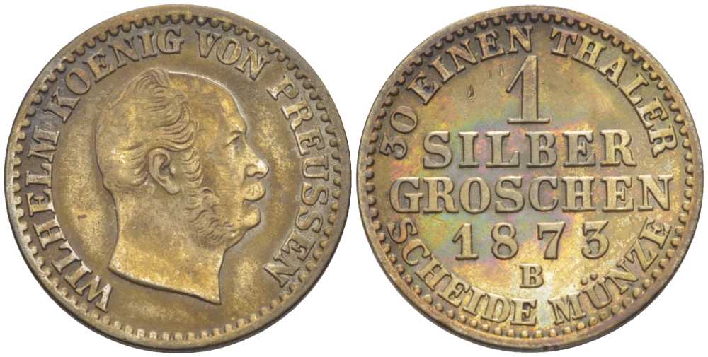 ПРУССИЯ 1 ГРОШ 1873 В, ВИЛЬГЕЛЬМ I (1861-1888) KM 485 серебро 206-247