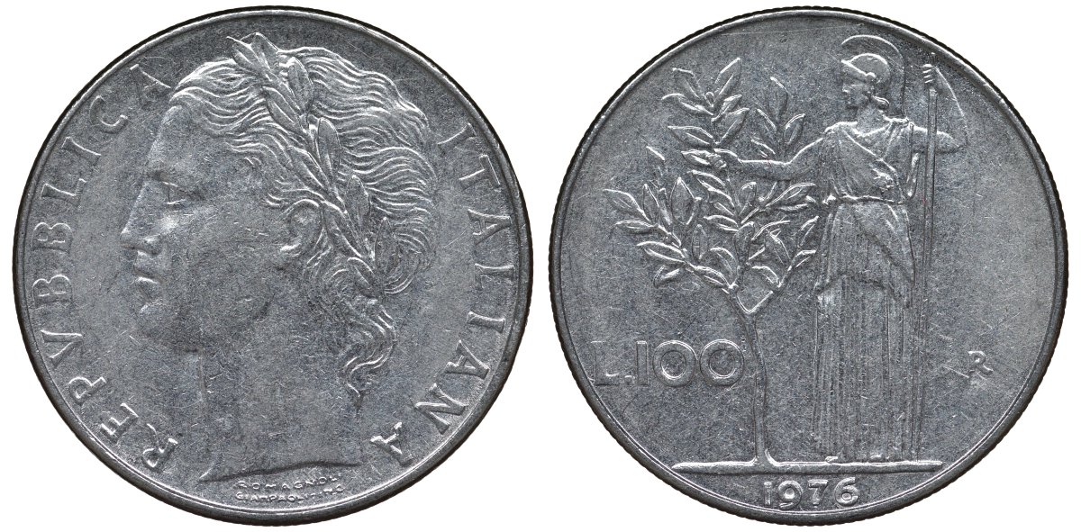 Италия 100 лир 1976 R, Афина в доспехах KM 96.1 нержавеющая сталь 4123-1234