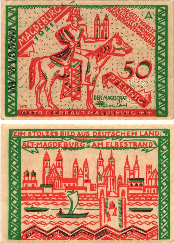МАГДЕБУРГ 50 ПФЕННИГОВ 1921 НОТГЕЛЬД, ЗЕМЛЯ НИЖНЯЯ САКСОНИЯ-АНХАЛЬТ, БУКВА А Grabowski 857.1 бумага 8604-46-3-1