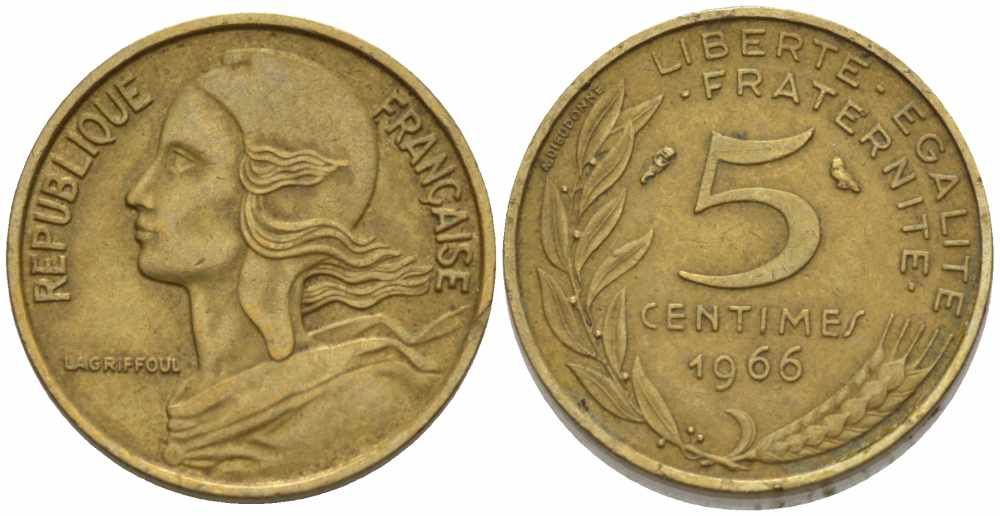 ФРАНЦИЯ 5 САНТИМОВ 1966 ТИП MARIANNE KM 933, LE FRANC 125.2 алюминиевая бронза 105-351