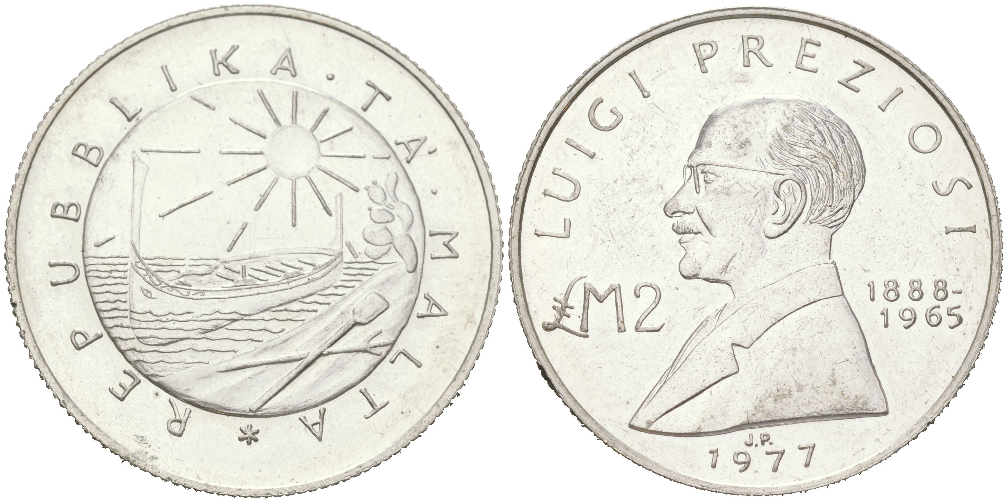 Мальта 2 лиры 1977 Луиджи Прециози KM 46 серебро BU 4044-1344