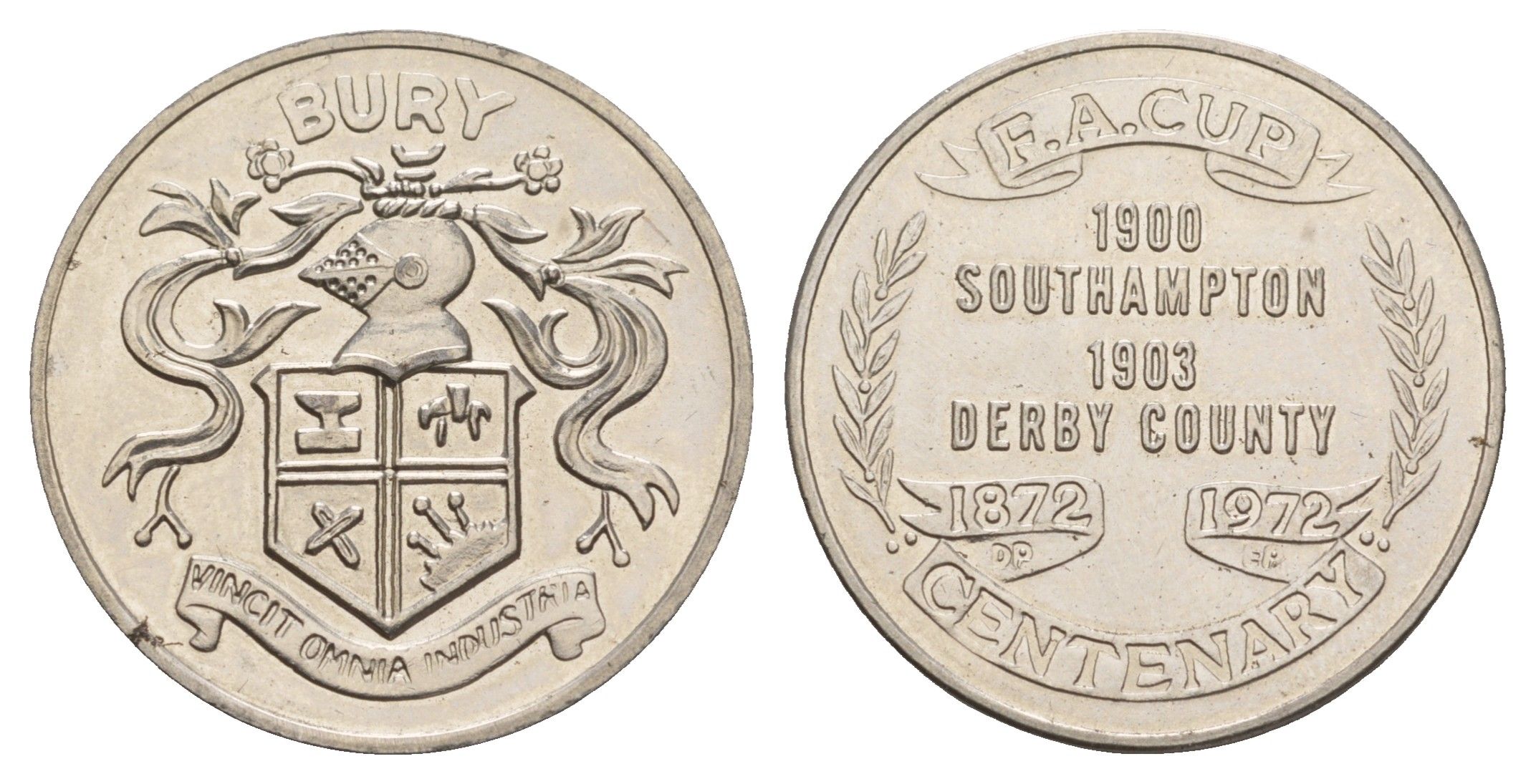 Великобритания жетон в честь 100-летия футбольного клуба Бери 1972 2 победы в Кубке Англии по футболу, в 1900 и 1903 году диаметр 27 мм, вес 8,1 гр медно-никель aUNC 4656-526