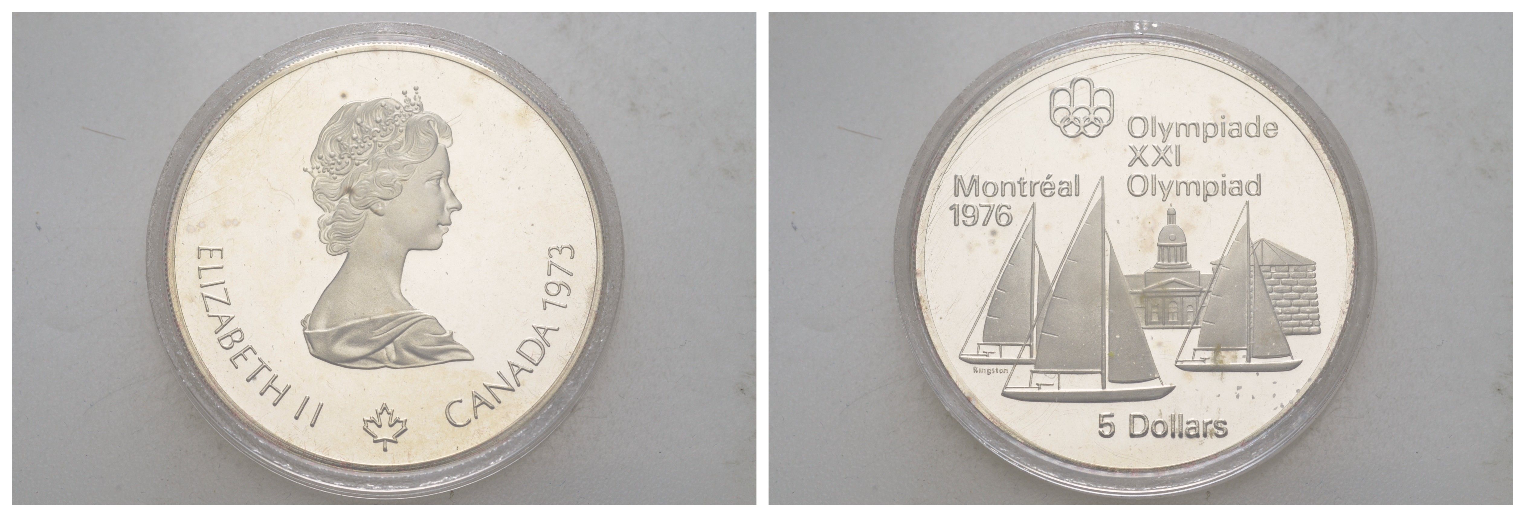 Канада 5 долларов 1973 XXI летние Олимпийские Игры, Монреаль 1976 - Яхтинг в Кингстоне KM 84 серебро PROOF 11-269-13