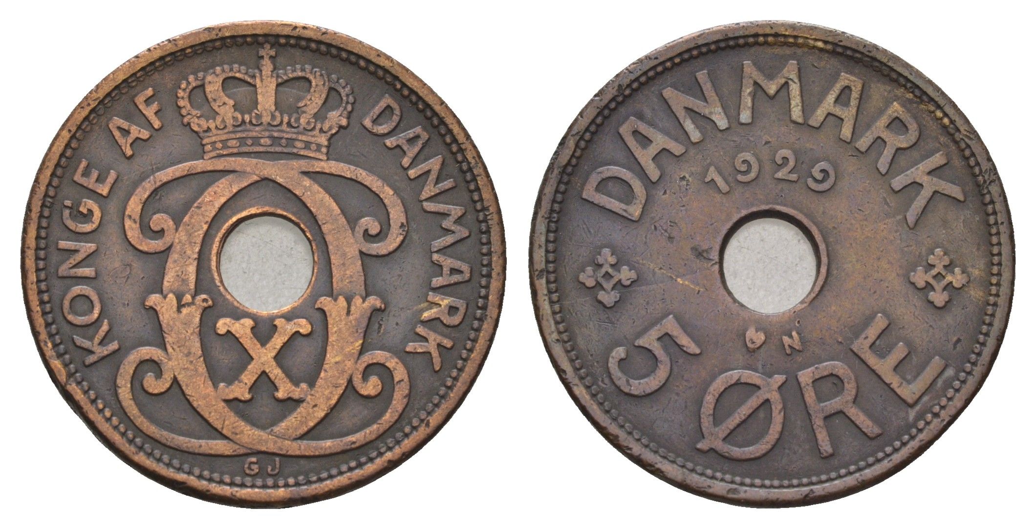Дания 5 эре 1929 N, Кристиан X (1912-1947) KM 828 бронза 4700-833