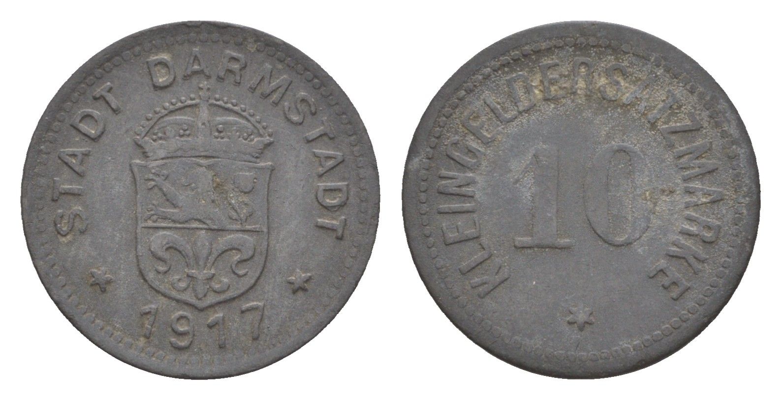 Дармштадт 10 пфеннигов 1917 Funck 88.1A, Men05 4934.1, Men18 6167.1 цинк 4643-947