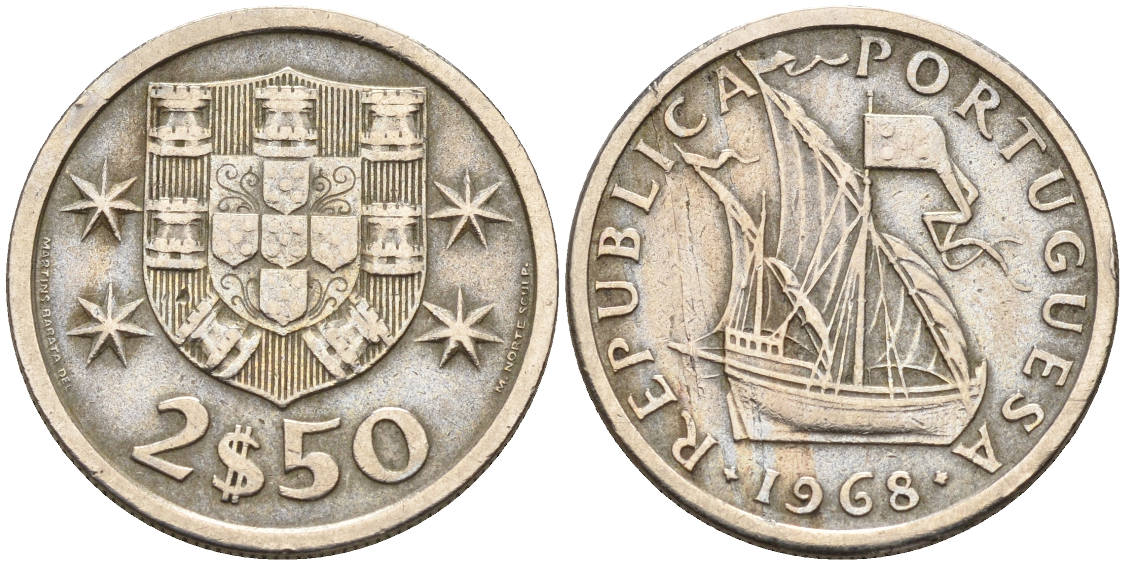 Португалия 2,5 эскудо 1968 парусник KM 590 медно-никель    4160-1211