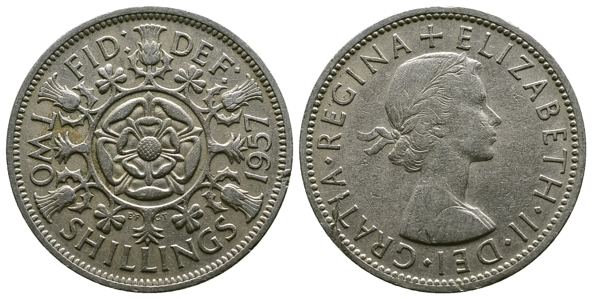 Великобритания 2 шиллинга (флорин) 1957 Елизавета II (1952-2022) KM 906, Spink 4146 медно-никель 4382-122