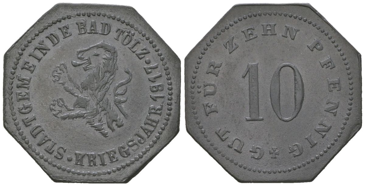 Бад-Тельц (Бавария) 10 пфеннигов 1917 Funck 541.3A, Men05 25048.3, Men18 31352.3 UNC цинк 4380-312