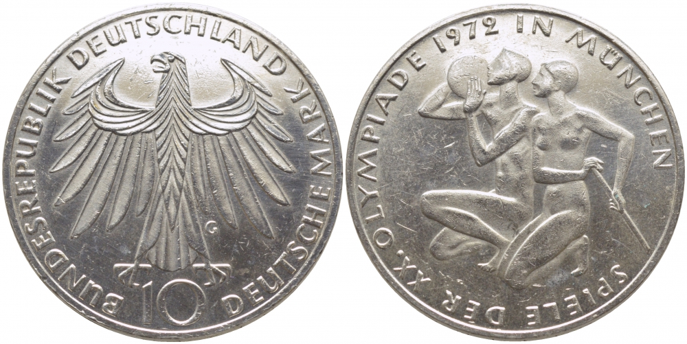 ФРГ 10 марок 1972 G, XX летние Олимпийские Игры, Мюнхен 1972, спортсмены KM 132, J. 403 серебро 109-725