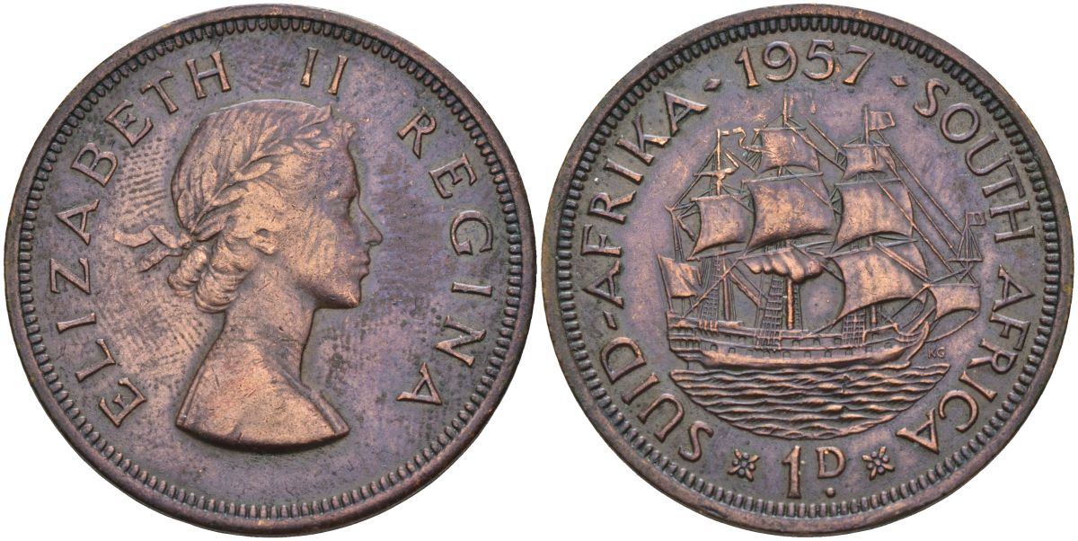 ЮАР 1 пенни 1957 Елизавета II (1952-) KM 46 бронза 4368-522